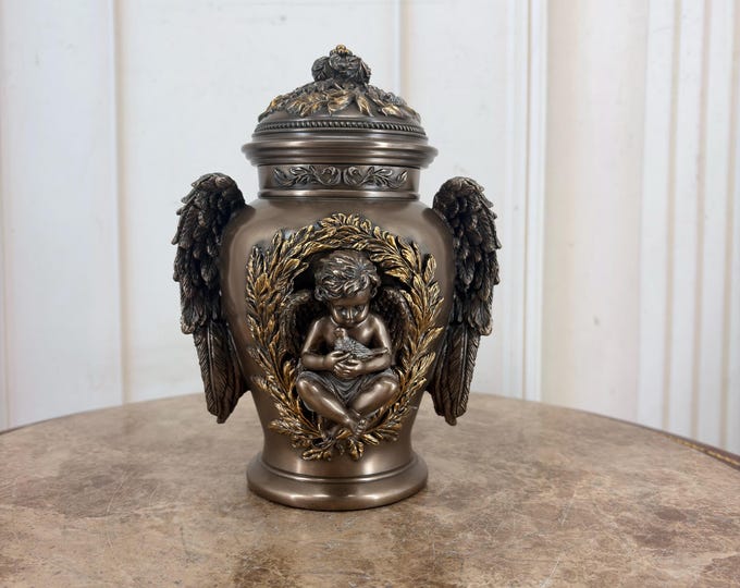 Angel Memorial Urn – Bronze Tone Cherub Wings Keepsake Jar