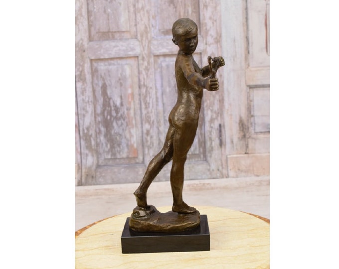Young Boy with a Slingshot Bronze Sculpture - Boy Bronze Statue on Marble Base - Foundry Mark - Home Decor Exclusive Vintage Gift