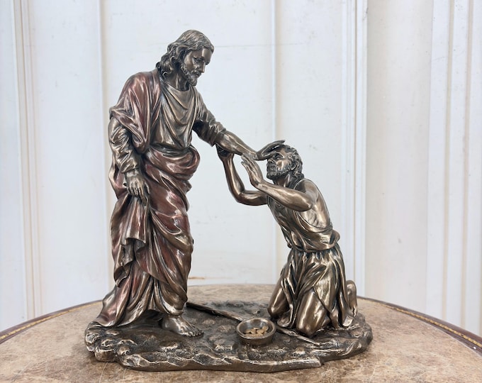 Jesus Healing the Blind Man Figurine - Biblical Religious Sculpture - Bronze Coated Vintage Christian Decor