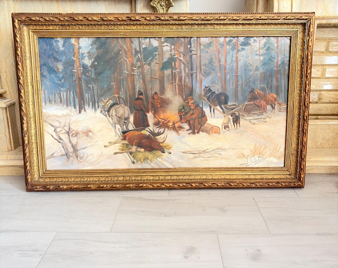 Antique Hunting Scene Oil Painting on Canvas - J. Fałat - Winter Forest Hunt - Gilt Framed Artwork