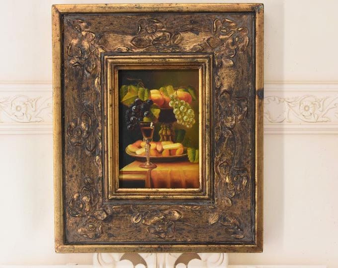 Still Life Grapes Painting | Vintage Oil on Wood with Golden Frame | French Fruit Artwork | Rustic Wall Decor | Wedding Gift