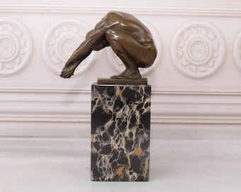 Bronze Swimmer Statue: Water Diver on Marble Base
