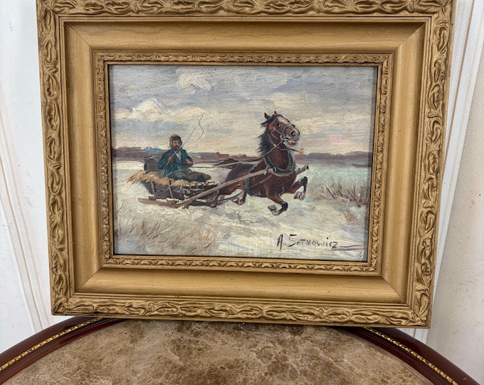 Antique Hunting Trip Painting – Winter Landscape with Hunters - Home Decor