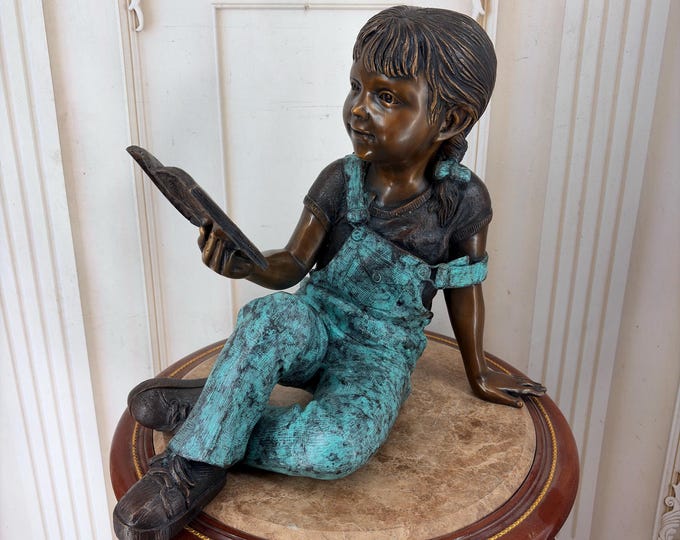 Large Young Girl Reading Book Bronze Statue – Schoolgirl Sculpture, Garden Decor