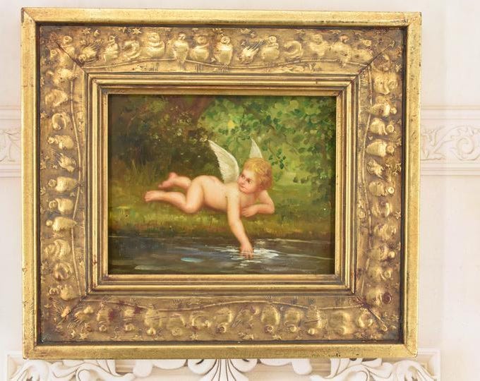 Cherub Angel Painting – Gold Frame, Sacred Wall Decor (19.29x17.32")