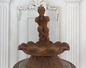 Large Cast Iron Faun Bird Bath – Rustic Pan Garden Fountain, Vintage Style Basin