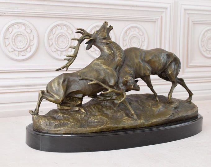 Bronze Sculpture Fighting Deer Stag - Bronze Figure - Perfect Gift for Hunter - Hunting Statue - Home Decor - Richly Decorated