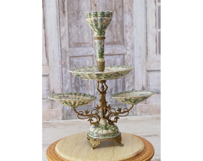 Very Large Plateau Porcelain with Bronze Ornaments - Art Nouveau Bowl Porcelain - Green Flowers Ornaments - Gift for Wedding
