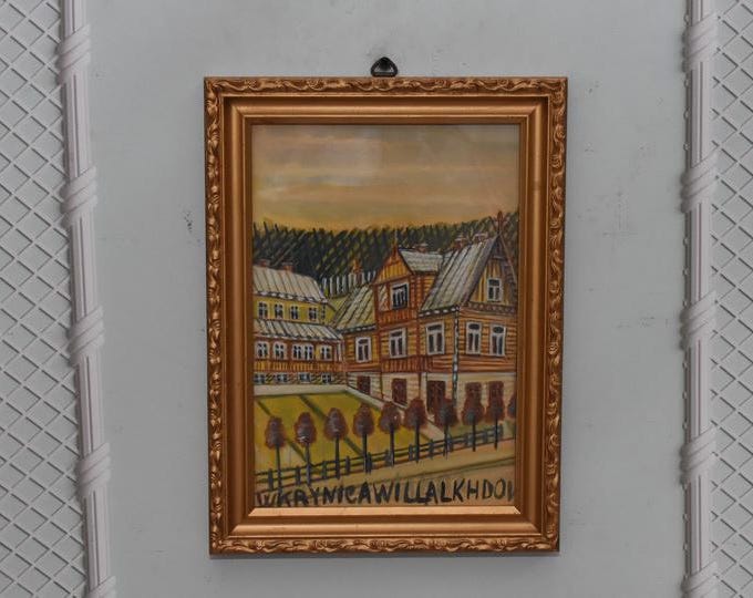 Nikifor Krynicki Painting – Old Krynica Zdroj – Pastel on Carton – Abstract Urban Architecture – Polish Art Gift