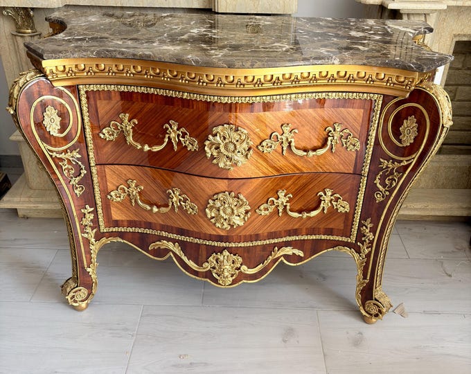 French Baroque Commode: Antique Beech Wood Chest with Marble Top 1930