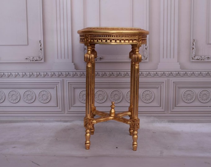 French Baroque Style Round Table – Gold Flower Table with Wood Marble – Elegant Home Office Decor – Luxury Housewarming Gift
