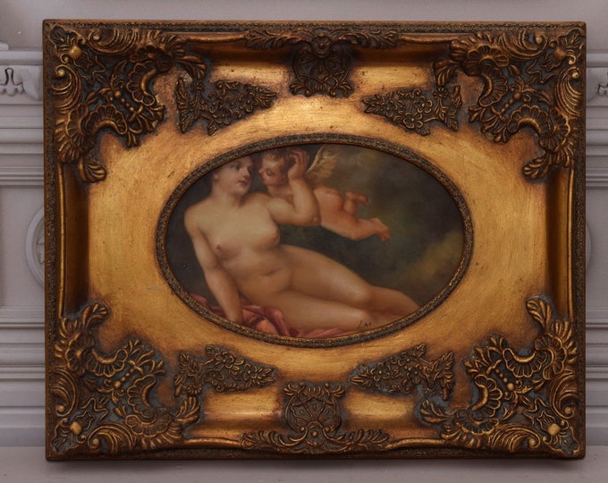 Unique  Painting Nude Woman and Cherub - Painting in Nice Gold Frame - Wall Decor Decor - Church Decor - Gift Idea for Birthday, Wedding