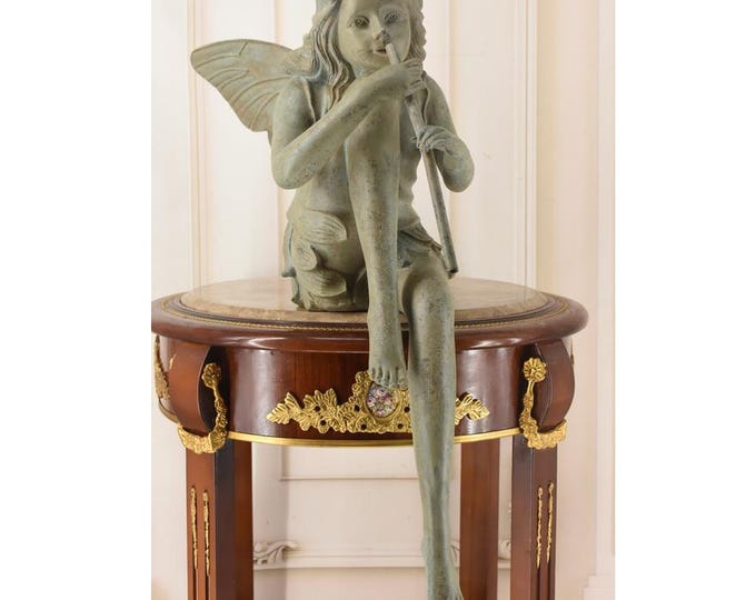 Seated Fairy with Flute – Elf Bronze Sculpture – Patinated Vintage Figurine – Fantasy Garden Art