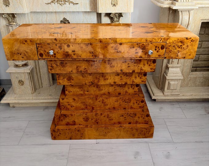 Vintage Art Deco Console Table - Burl Wood Cabinet - Geometric Pedestal - Unique Statement Furniture