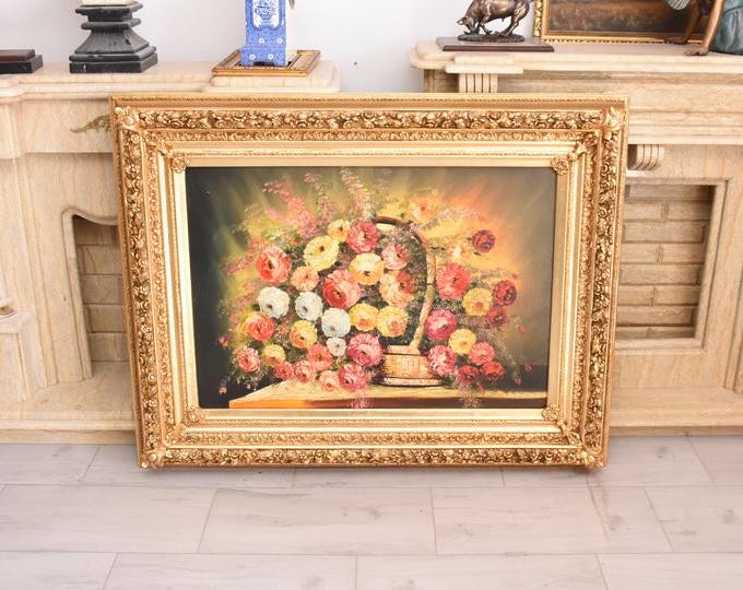 Hand-Painted Floral Oil Painting, Baroque French Style, Golden Frame Wall Art