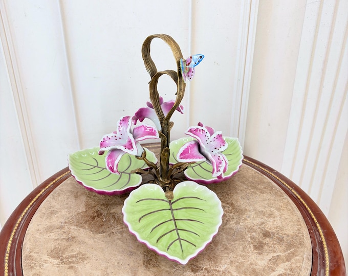 Limited Edition Porcelain Centerpiece Bowl – Signed Floral, Butterfly, Bronze Mounted Dish