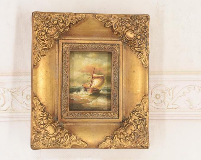 Vintage Boat Painting: Handmade Nautical Seascape with Gold Frame