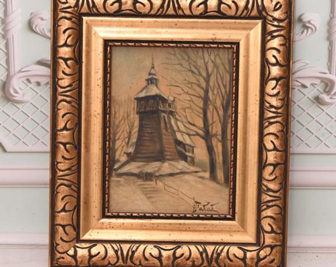 Antique Oil Painting On Wood – Historic Polish Church From Eastern Borderlands, Gilded Frame Vintage Religious Wall Art - Falat Art