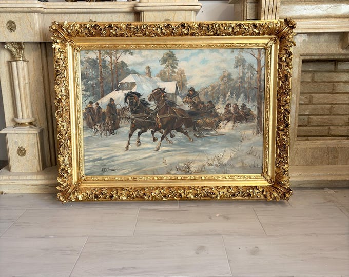 Signed Polish Winter Sleigh Scene Oil Painting – Wl. Chmielinski - Ornate Gold Frame (c.1950)