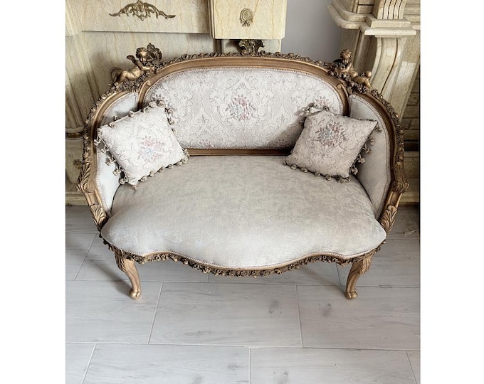 Vintage French Rococo Sofa - Cream Floral Upholstery - Cherub Carved Settee - Elegant Salon Furniture