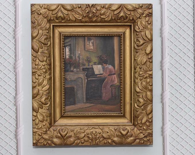 Antique Painting - Aristocratic Woman Pianist - Polish Vintage Art