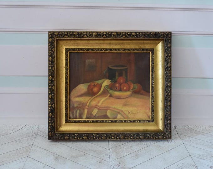 Still Life Oil Painting – Antique Polish Art  – Vintage Fruit Canvas in Gold Frame – European Old Master Style - Gift Idea - Wall Art