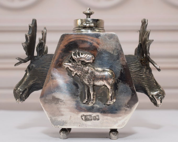 Antique Silver Inkwell - Sterling Silver Inkstand - Tsar Russia Inkwell - Moose Inkwell - Hunter Collector Item Home Decor Gift for Birthday