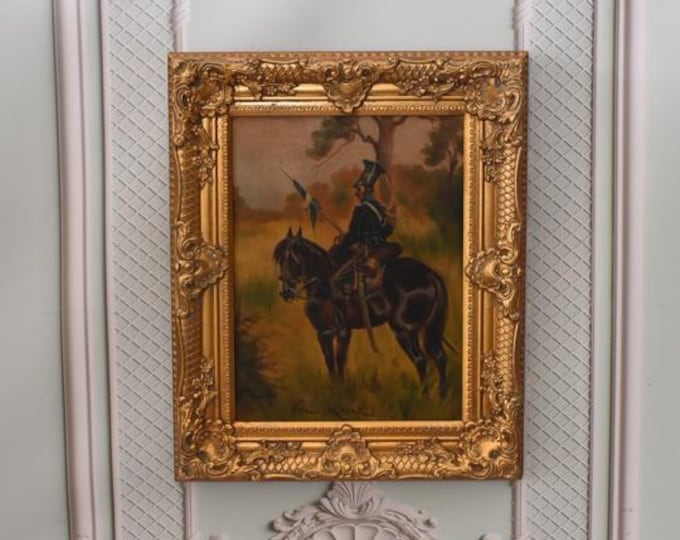 Antique Polish Oil Painting – Soldiers on Horseback, Kossak Art - Old 1930s Canvas Art, Unique Collectible Wall Decor