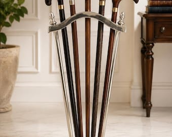 Vintage Silver Aluminum Walking Stick Stand – Holds 5 Canes – Solid Stable Cane Rack – Umbrella Stand Style Decor