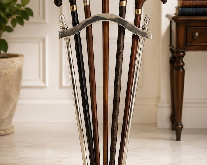 Vintage Silver Aluminum Walking Stick Stand – Holds 5 Canes – Umbrella Stand Decor