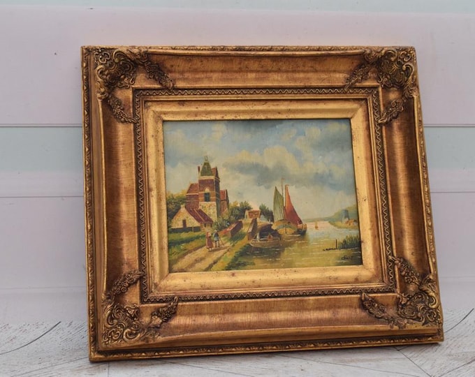 Vintage Painting Ship in Port – Handmade Nautical Art with Gold Frame – Sea Wall Decor – Gift for Ocean Lovers