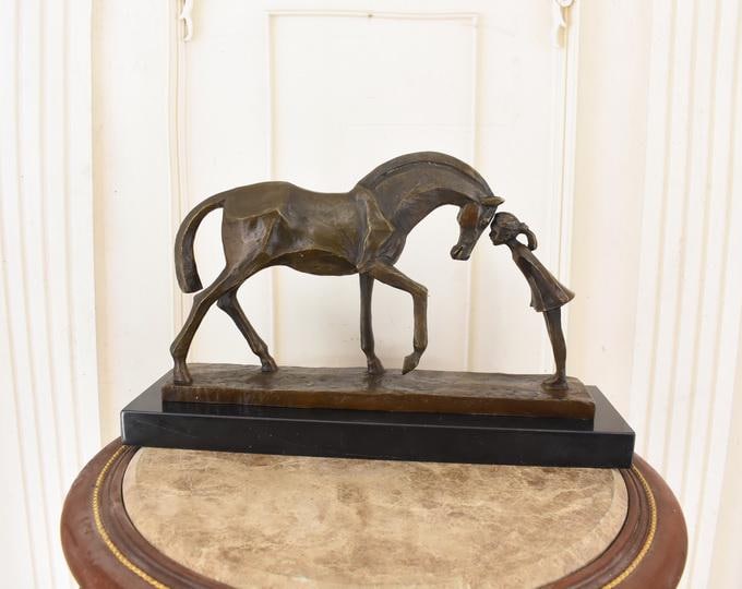 Girl With Horse Bronze Sculpture On Marble Base Symbol Of Love And Friendship