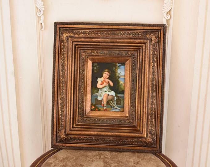 Vintage French Oil Painting Young Woman – Classical Female Portrait Wood Art