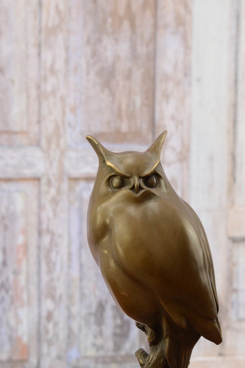 Large Bronze Owl Figurine: Vintage Wisdom Symbol on Marble Base image 6