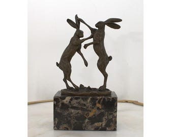 Two Boxing Hares - Hares Bronze Sculpture on Marble Base - Rabbits Bronze Statue - Richly Decorated - Gift Idea - Home Decor