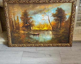 Vintage Landscape Painting: Romantic River Scene in Ornate Gold Frame