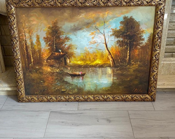 Vintage Landscape Painting: Romantic River Scene in Ornate Gold Frame