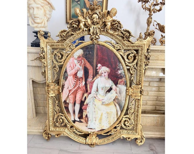 Large Baroque Framed Wall Art Print - French Aristocrat Couple Portrait - Gold Ornate Frame