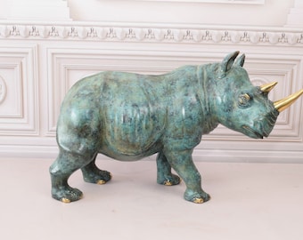Amazing Rhinoceros Bronze Statue - Blue Patina Rhino Bronze - Vintage Figure - Unique Animal Sculpture - Gift Idea - Home Decor