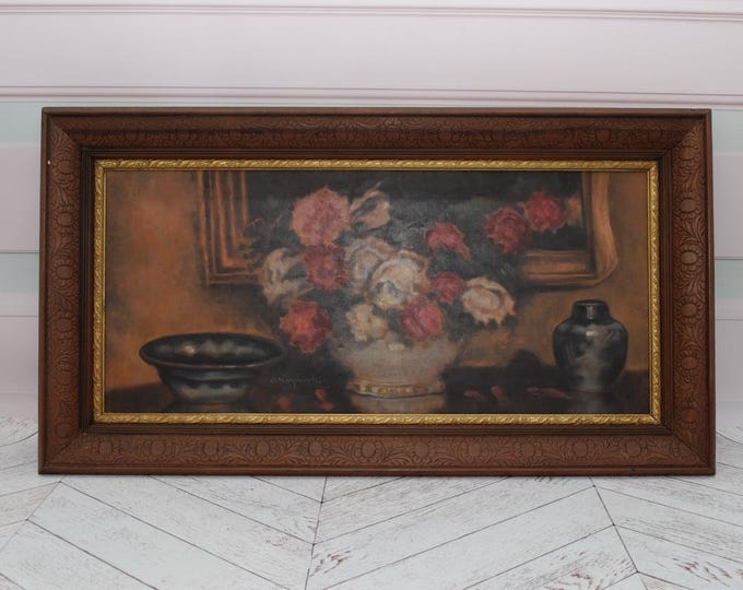 Antique Painting - Flowers on Table - Karpinski Antique Interior - Wall Art Decor - Home Decoration - Gift for Birthday, Wedding Polish Art