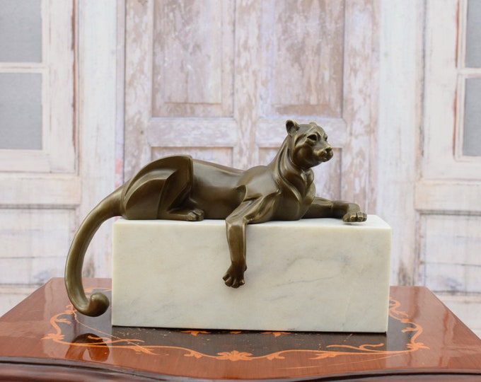 Large Lying Panther Bronze Statue - Sculpture BronzePanther - Home Decor - Animal Gift Idea - Art Work - Vintage Figurine on Marble Base