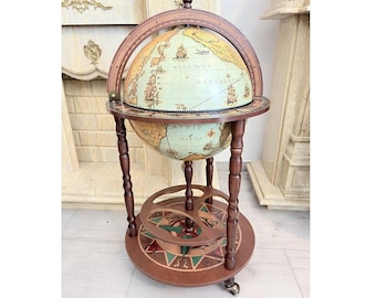 Vintage Globe Bar Cabinet – Wooden Drinks Trolley with World Map Storage