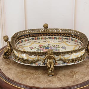 Vintage Porcelain Fruit Bowl with Bronze | 4 Boys Holding Centerpiece | Unique Handcrafted Decorative Pedestal Dish