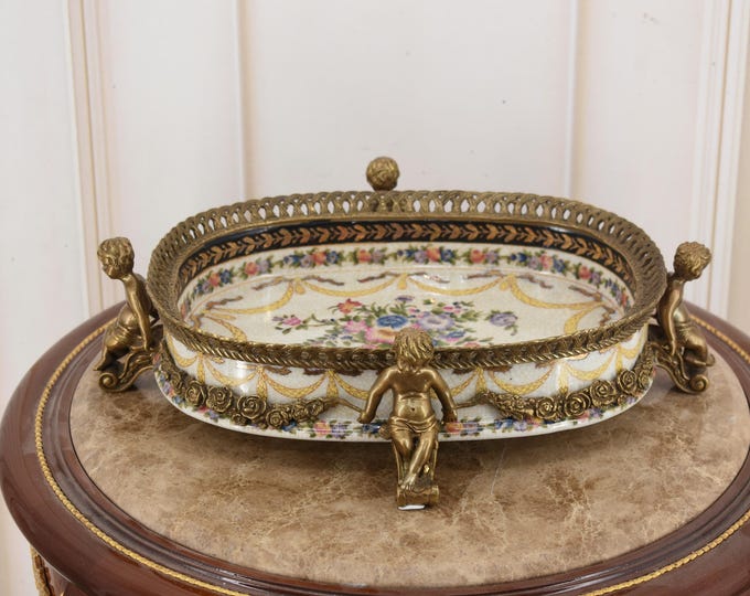 Vintage Porcelain Fruit Bowl with Bronze | 4 Boys Holding Centerpiece | Unique Handcrafted Decorative Pedestal Dish