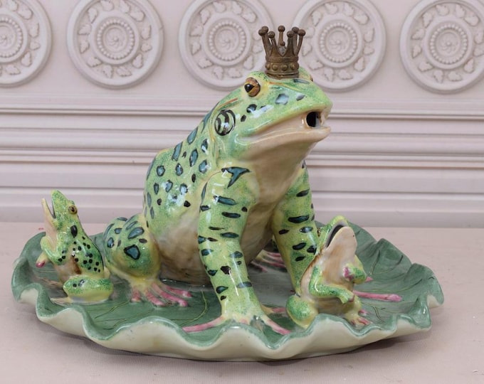 Porcelain Family Frogs - Frog with Bronze Crone - Happily Porcelain - Big Porcelain - Vintage Porcelain - Home Decor - Gift for Wedding