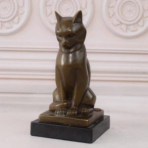 Modernist Persian Cat Bronze Sculpture on Marble Base - Cat Statue - Foundry Mark - Home and Garden Decor - Vintage Gift