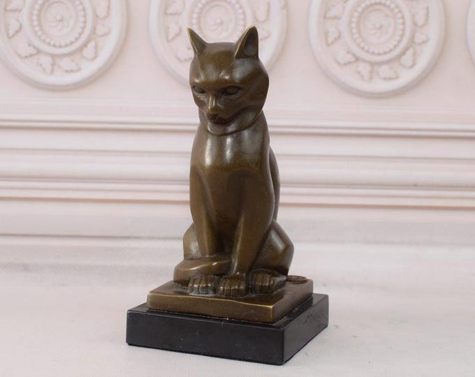 Modernist Persian Cat Bronze Sculpture on Marble Base - Cat Statue - Foundry Mark - Home and Garden Decor - Vintage Gift