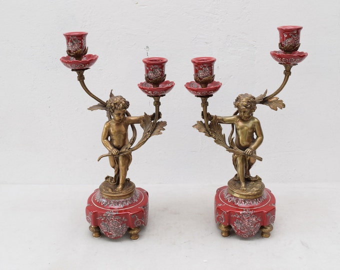 Pair Set Porcelain with Bronze Angel Candlestick Angels  Art Deco Gift -