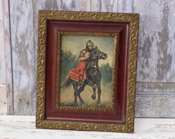 J. Brandt Knight on Horseback - Painting Oil on Wood - Antique Painting with Wooden Frame - Wall Decor - Home Decor - Old Painting