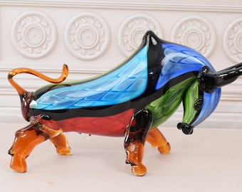 Vintage Murano Style Glass Bull: Colorful Venetian Figure, Home Decor